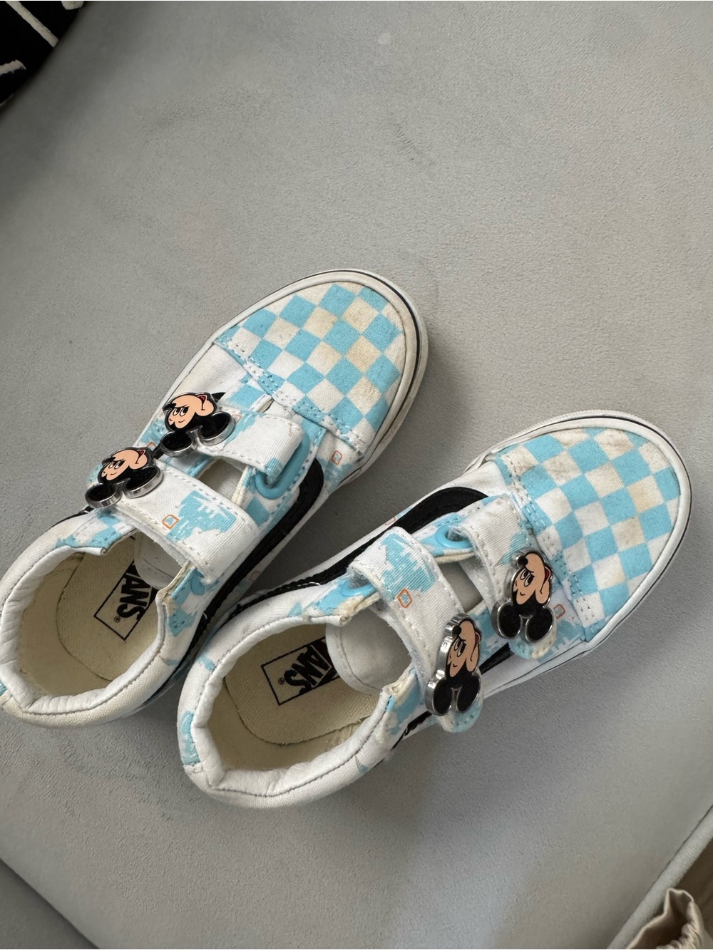 Vans Kids Light Blue & White Checkerboard Mickey Slip-On Sneakers size 11